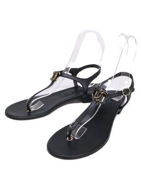 Chanel CC Logo Leather Ankle Strap Thong Sandals